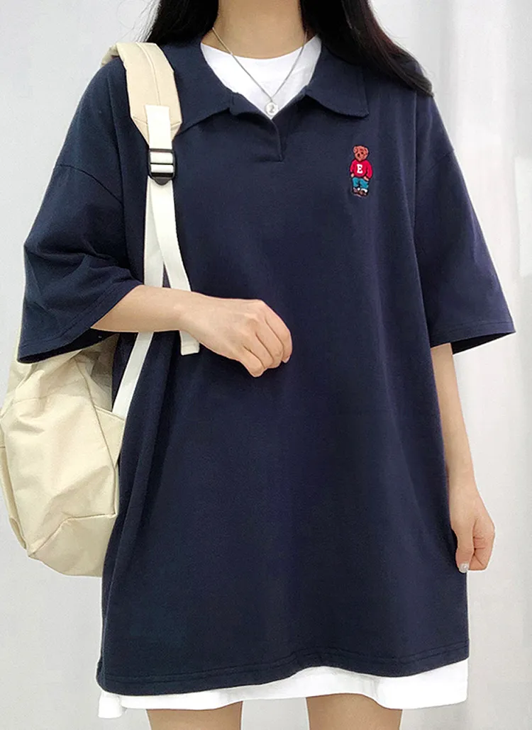 ベアー刺繍カラーロング半袖Tシャツ | bullang girls | 詳細画像1