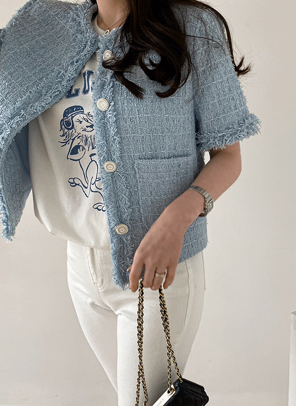 【色: 水色】KOREARU 韓国ファッション半袖ツイードジャケット レディース