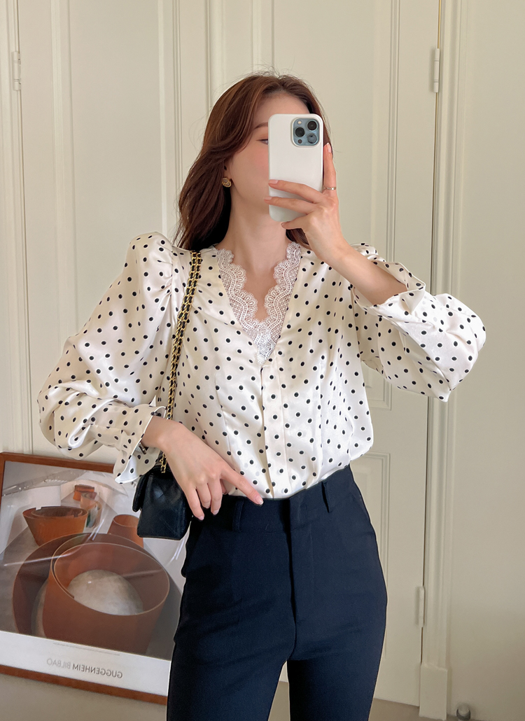 レース配色ドットブラウス レディースファッション通販 Dholic