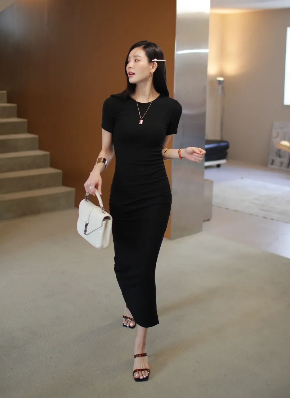 MLM LABEL】 シャーリングロングワンピース タイト 黒 怖く 