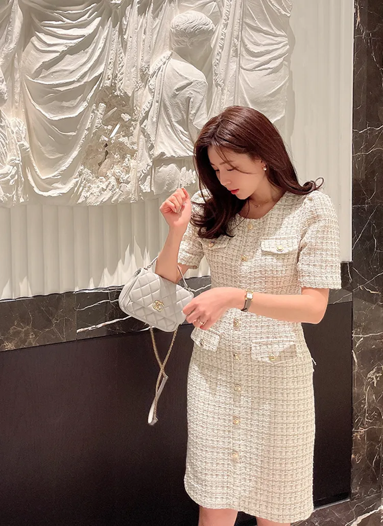 フェイクボタンツイードワンピース | レディースファッション通販 - DHOLIC 