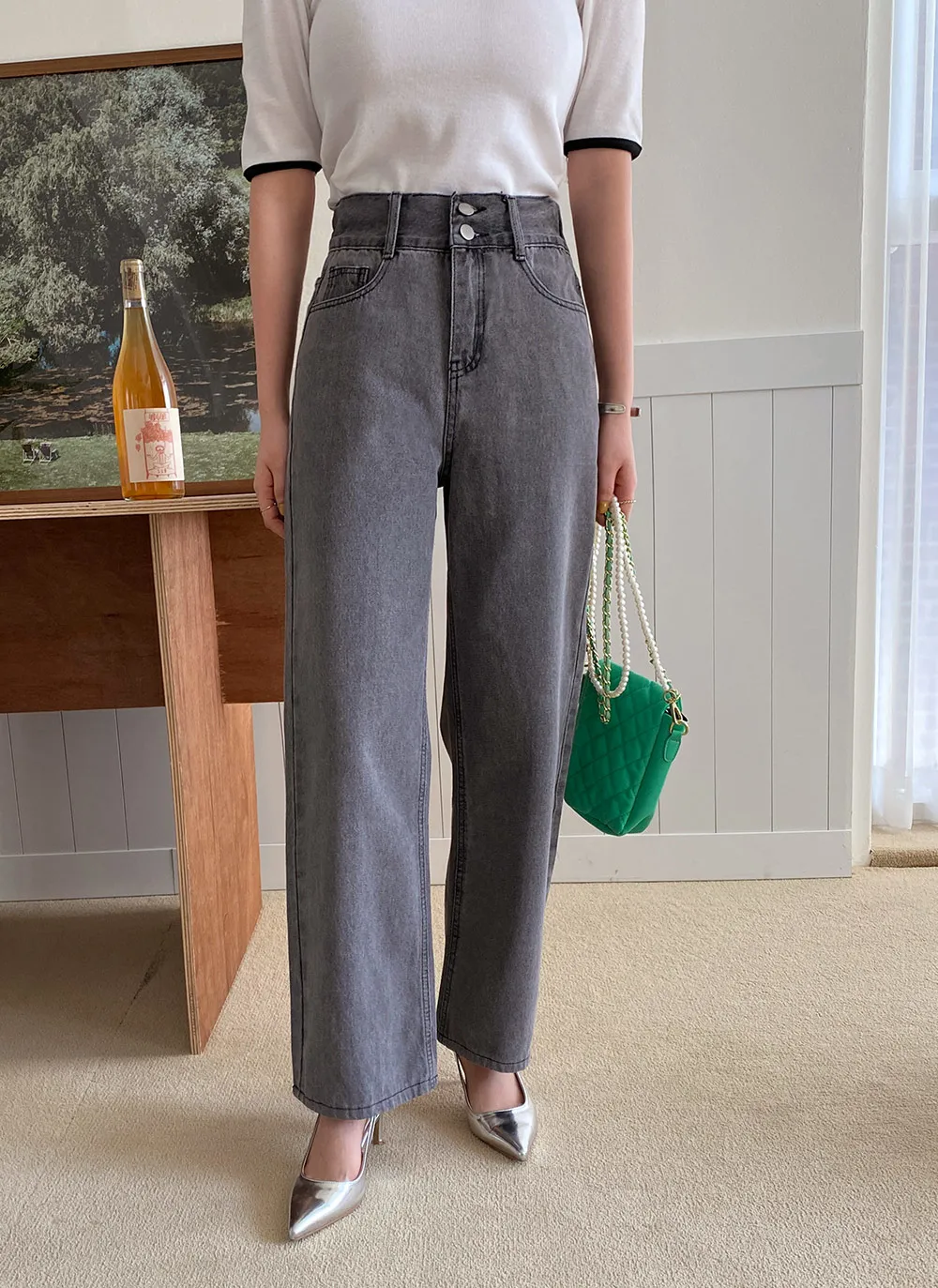 2ボタンバックゴムストレートデニムパンツ・全1色 | レディース 