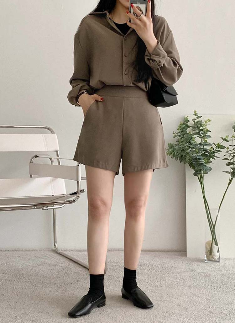 襟あり上下セットシンプル長袖シャツ バックゴムショートパンツset春夏秋 セット パンツ Awab エイワビ ファッション総合通販 Dholic