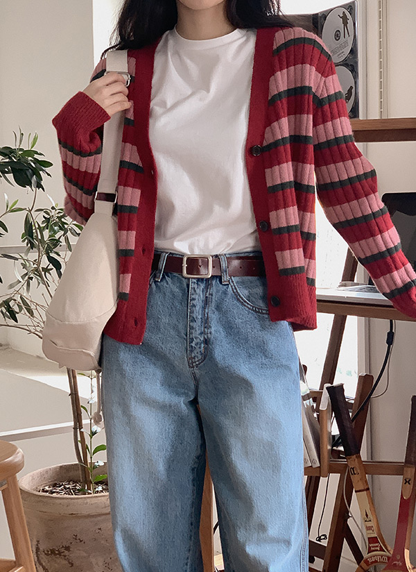マルチボーダーリブカーディガンvネックルーズオーバーフィット春秋冬 セーター カーディガン Someplace サムプレイス ファッション総合通販 Dholic