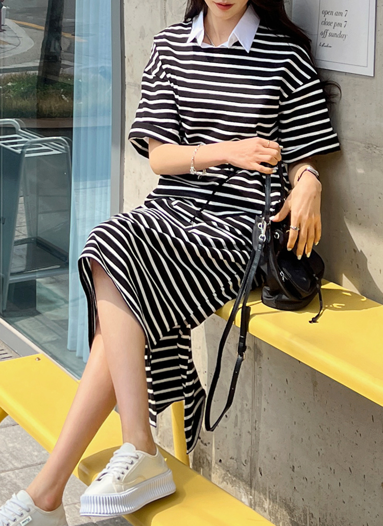 スリットヘムボーダーワンピース レディースファッション通販 Dholic