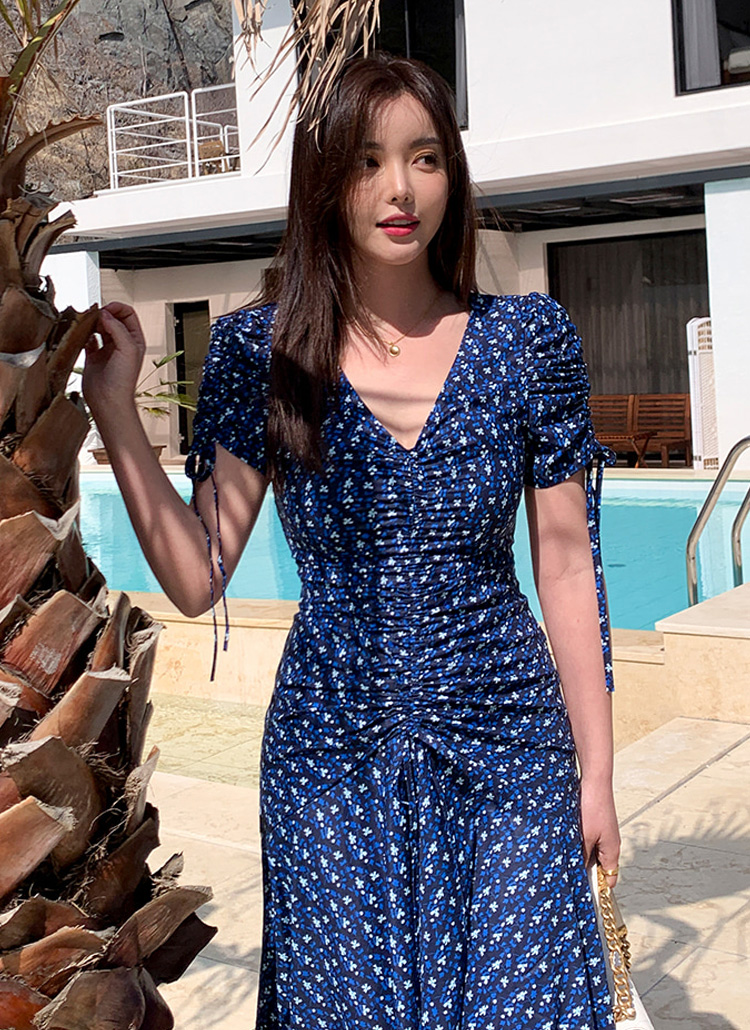 フロントシャーリングブルーフラワーワンピース レディースファッション通販 Dholic