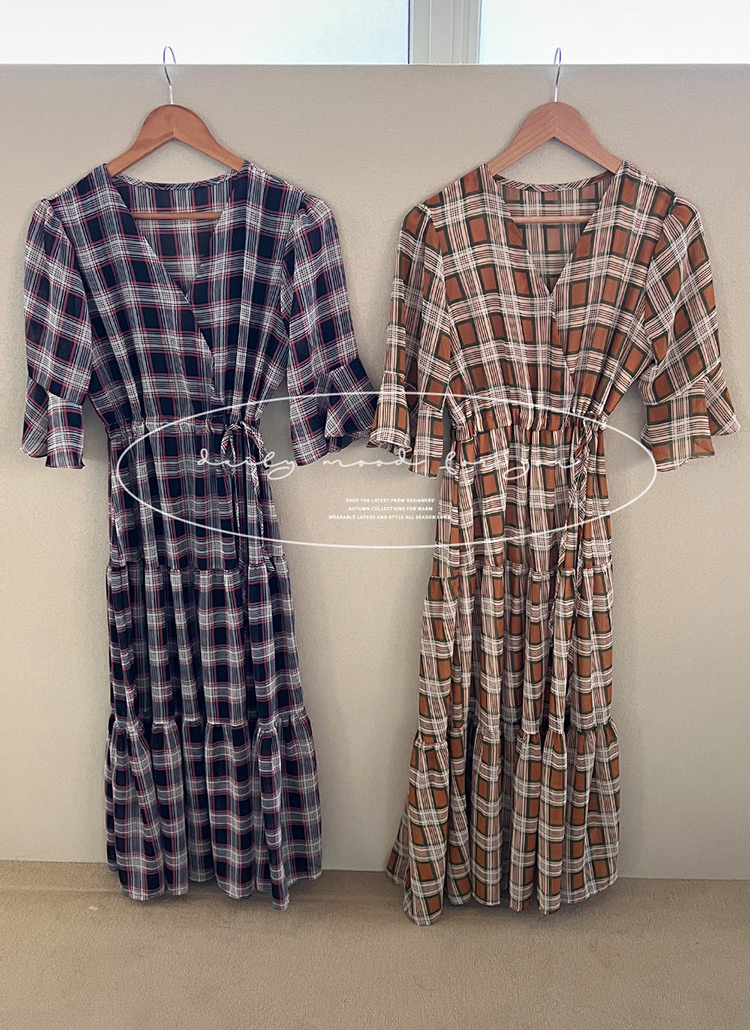ロングフレアティアード柄配色パターンドローストリングvネックチェックワンピース春夏 ワンピース ロング Dholic Ladies ディーホリックレディース ファッション総合通販 Dholic