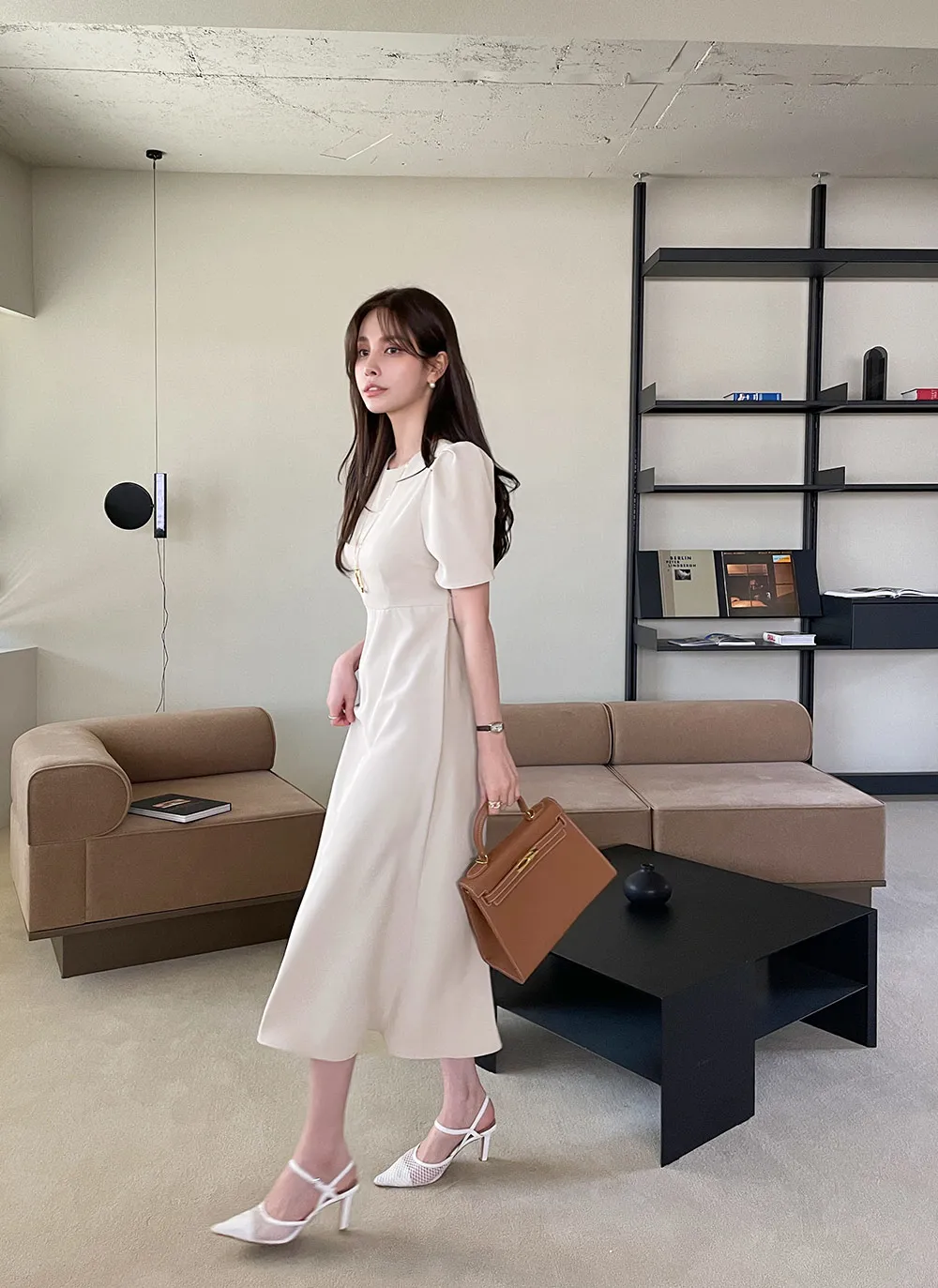 オブリ バイカラードットワンピース ロング パフスリーブ S ベージュ  