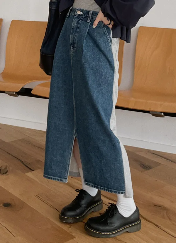 配色バイカラーデニムロングスカート | レディースファッション通販  