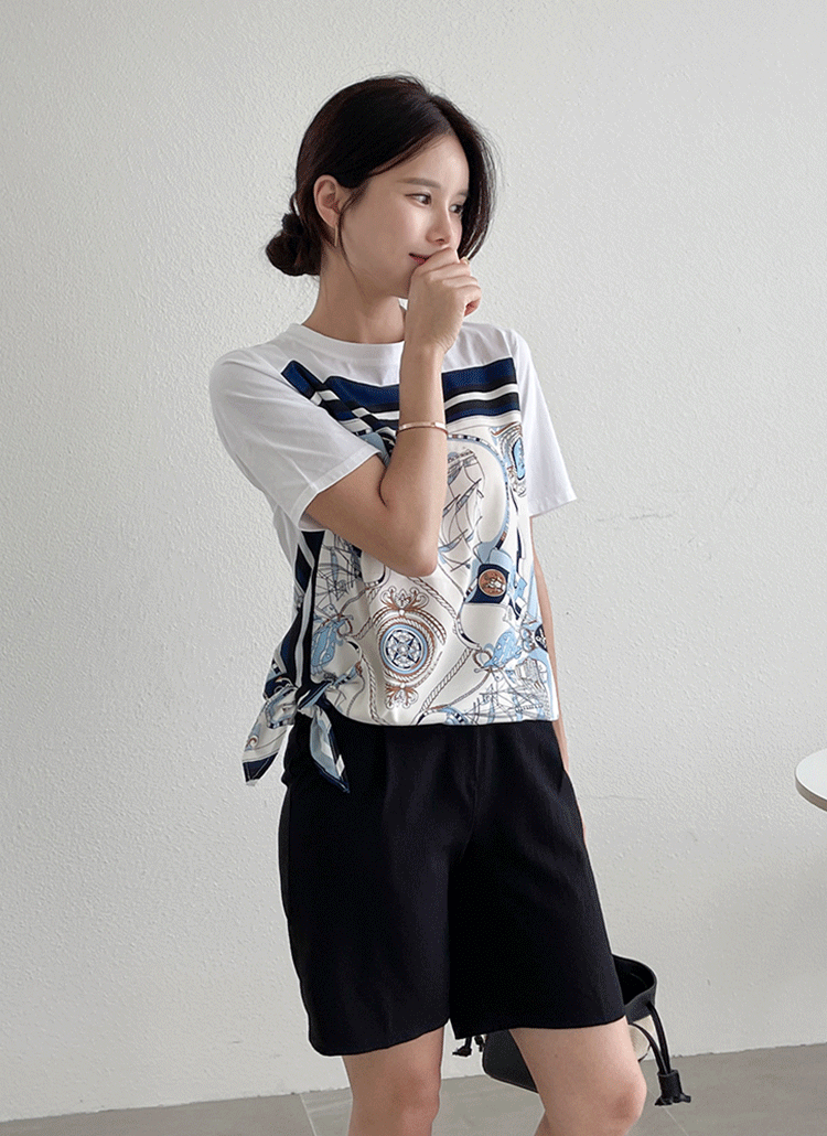 スカーフ柄アンバランス半袖Tシャツ | レディースファッション