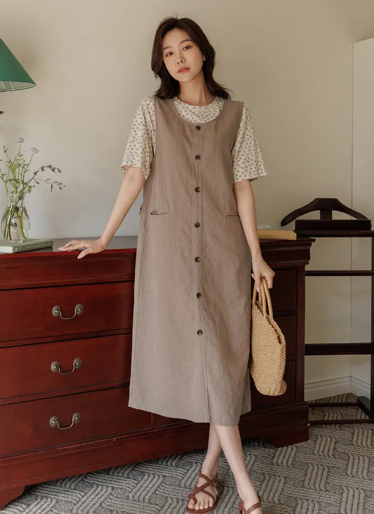 フロントボタンリネン混ノースリーブワンピース | レディース  