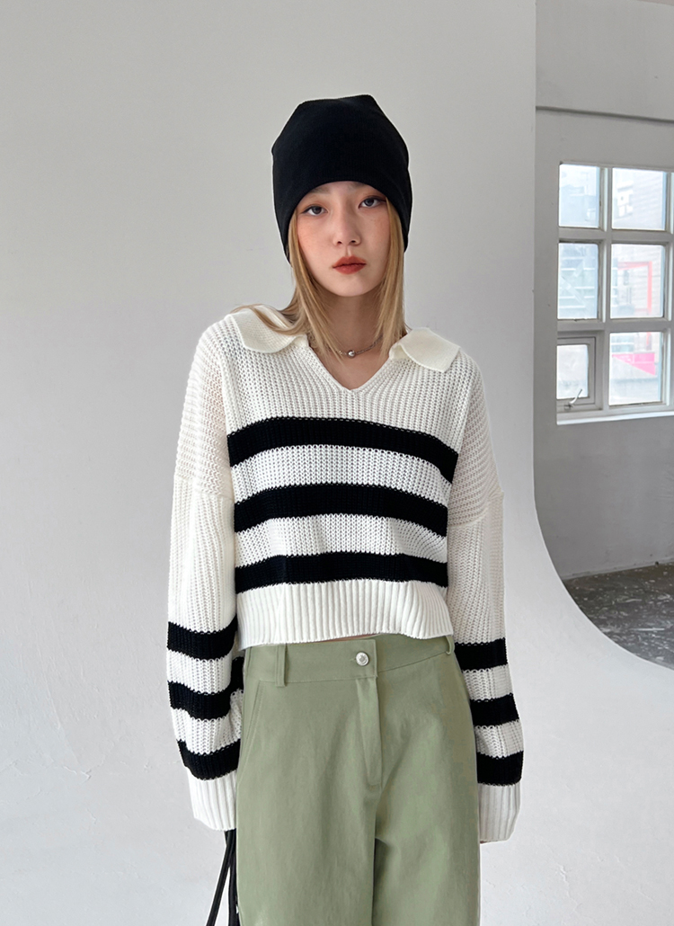 セミクロップドオープンカラーボーダーニット レディースファッション通販 Dholic 公式