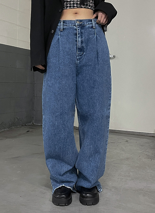 フロントタックワイドデニムパンツ(BLUE) | レディースファッション