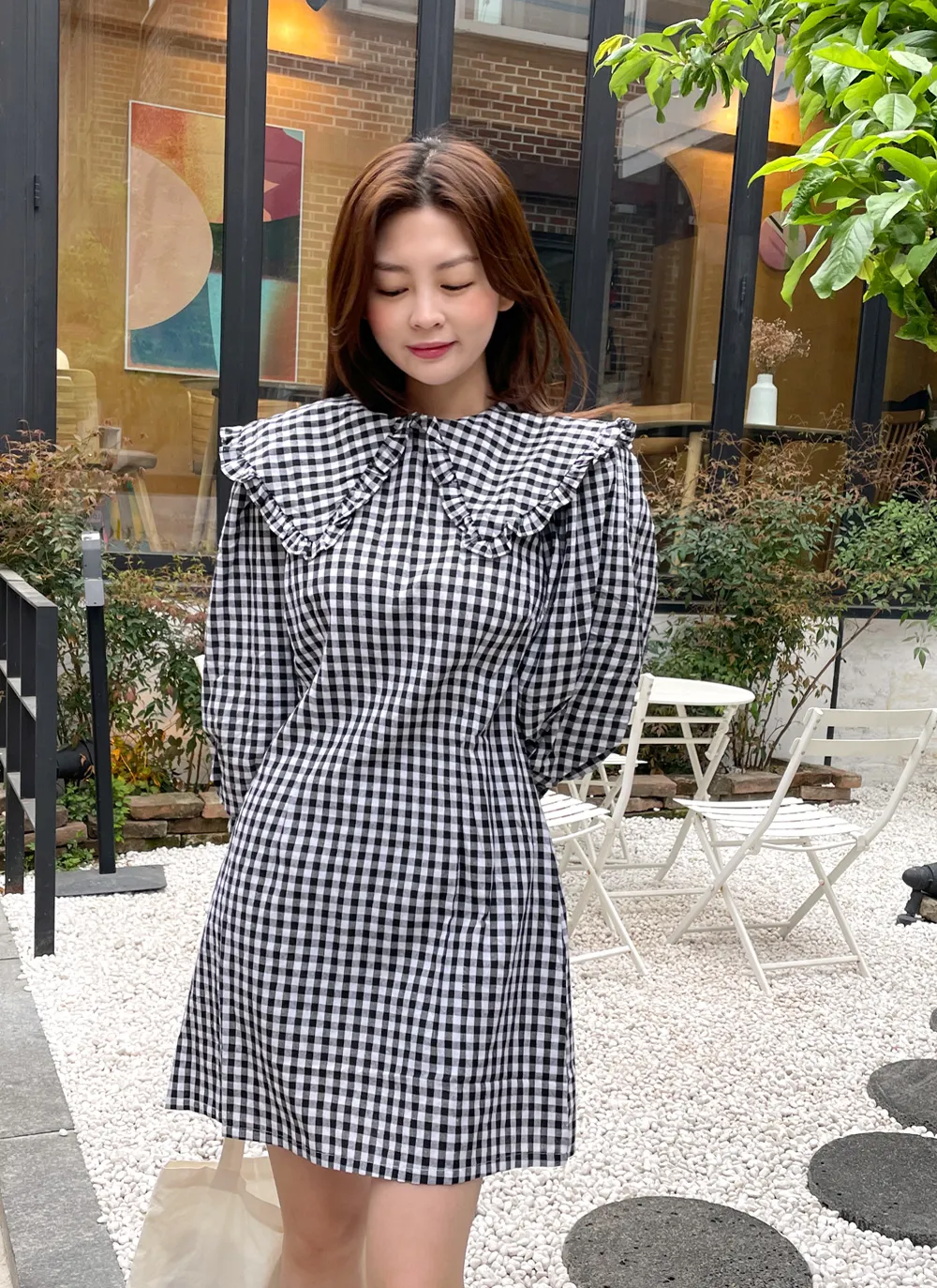 ギンガムチェックビッグカラーミニワンピース・全2色  