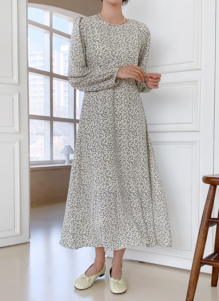ワンピース 花柄 フェミニン ロング丈 ラウンドネック パフ袖 kyaw123-1.jpg