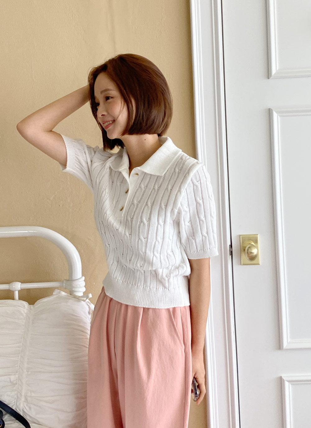 ケーブルポロカラー半袖ニット・全5色 | レディースファッション通販