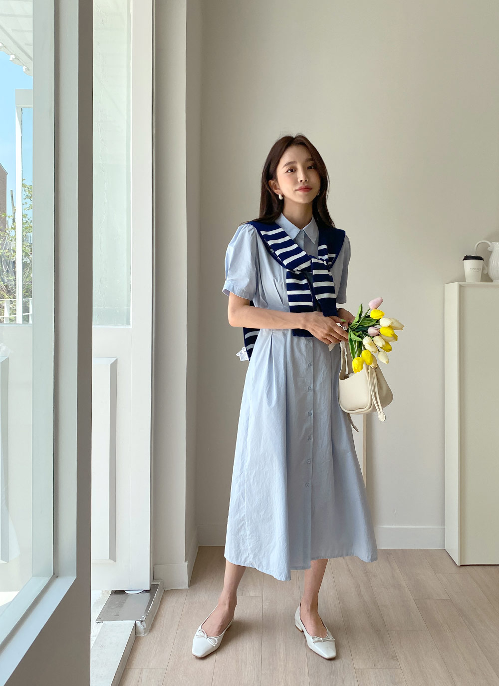 青 シャツワンピース 半袖 リボン付き リネンライクウエストリボン付きAラインシャツワンピース[品番