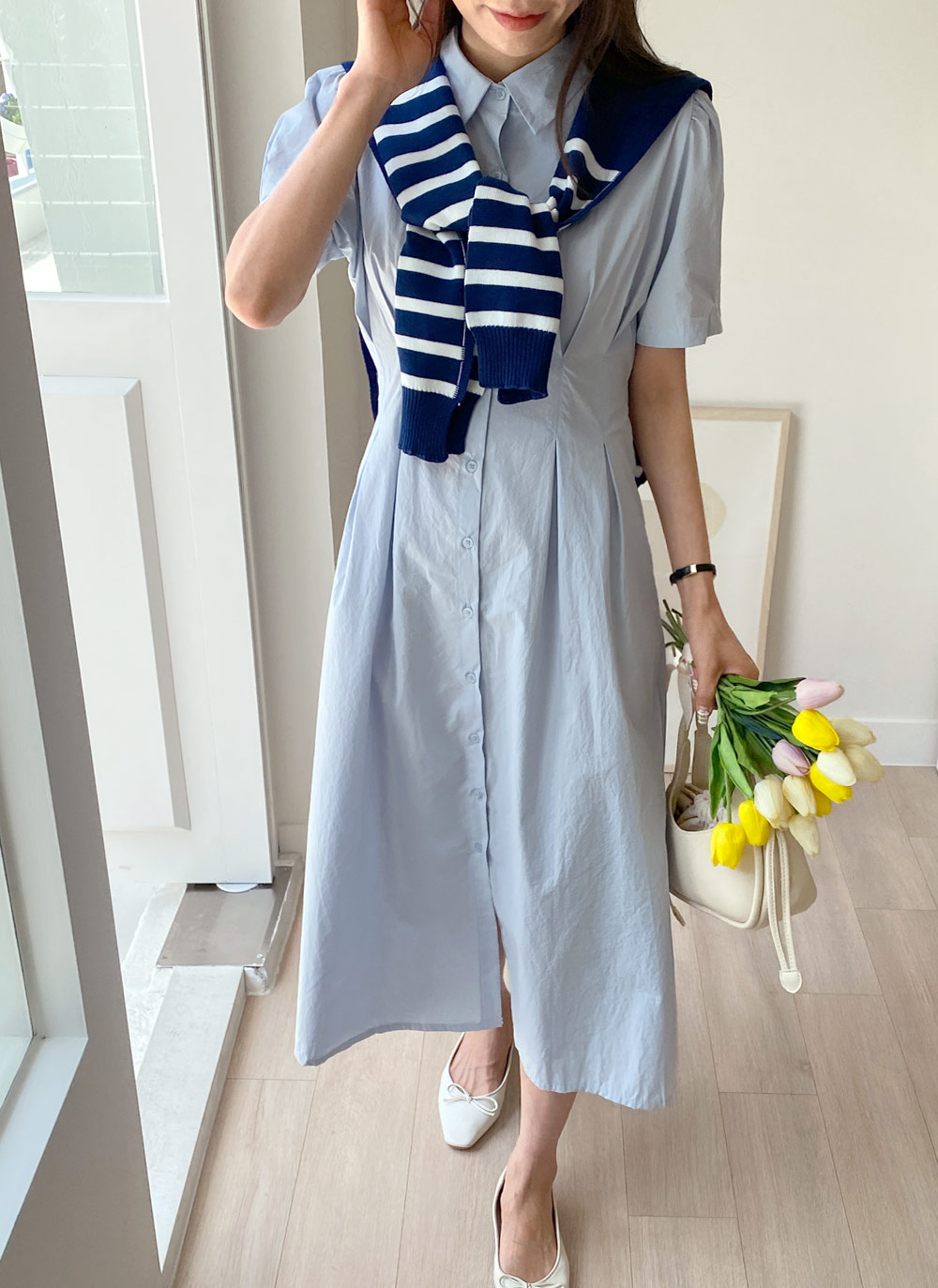 リボン半袖シャツワンピース・全4色 | レディースファッション通販