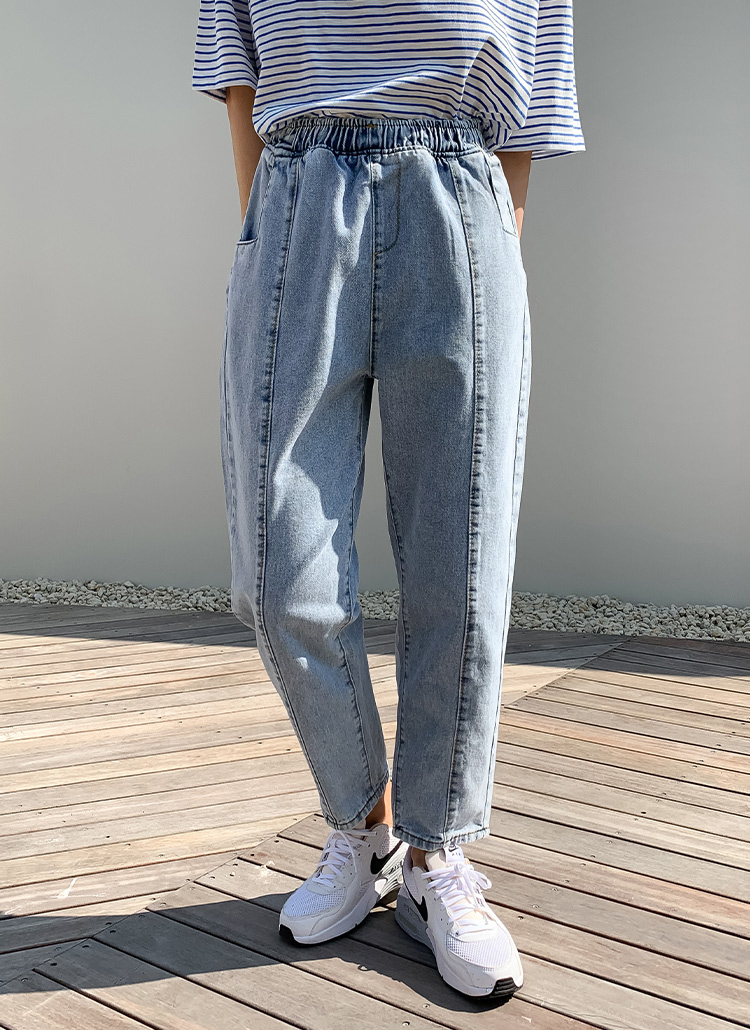 ステッチラインウエストゴムデニムパンツ | レディースファッション