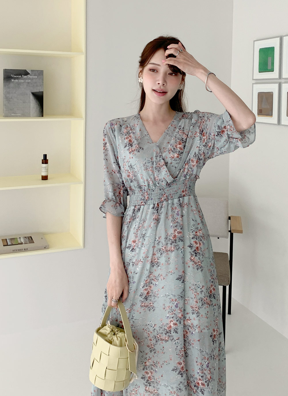 ★送料込◆2色 Vネック ドット柄 シフォン スモーク ワンピース Cherry Ann / Vネック水玉長袖シフォンワンピース