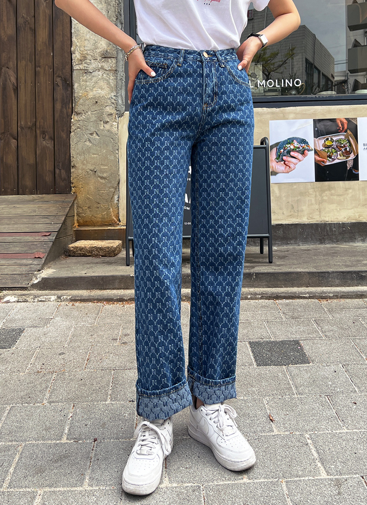 配色レタリングワイドデニムパンツ レディースファッション通販 Dholic