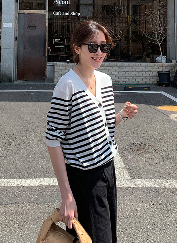 Vネックボーダーニットカーディガン レディースファッション通販 Dholic