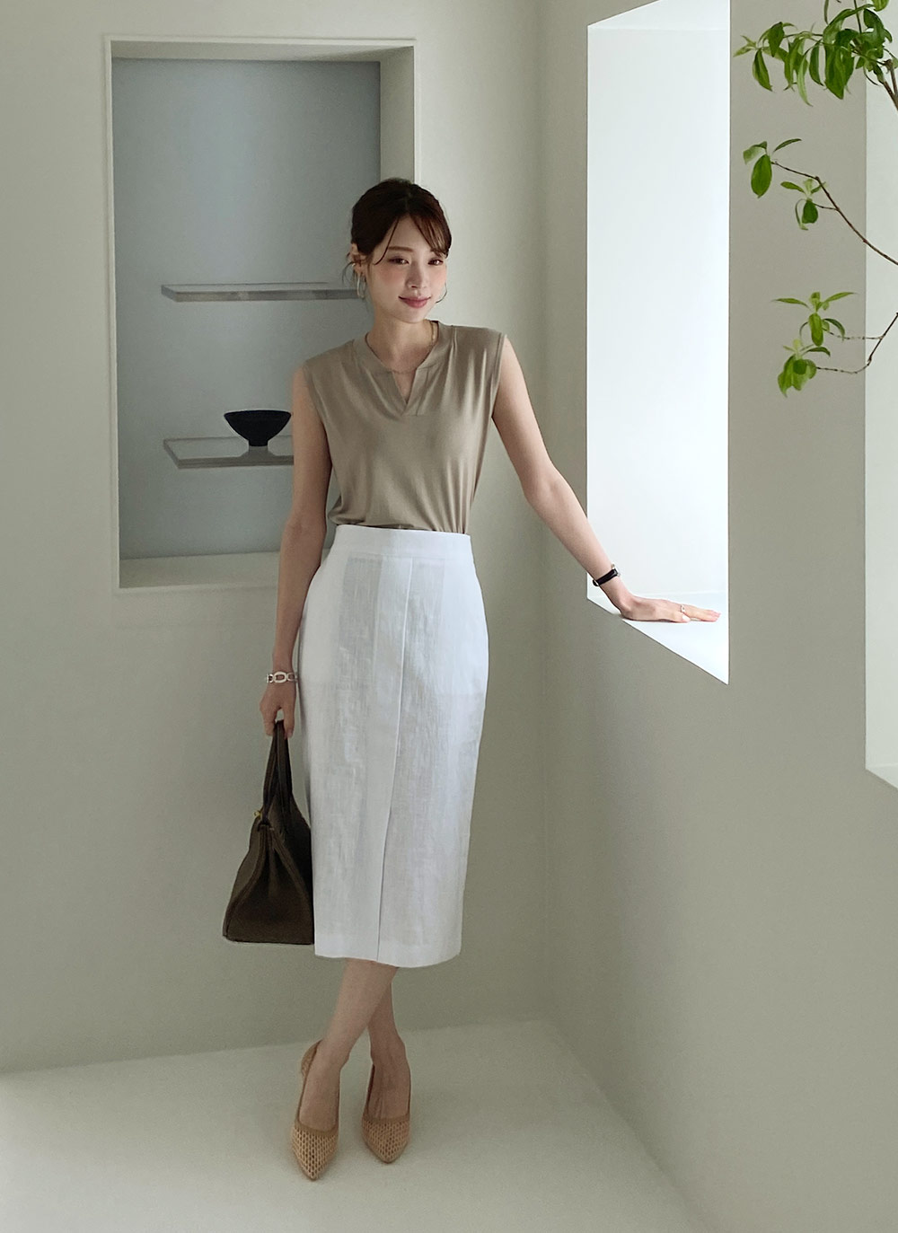 KAREN MILLEN* リネン スリットタイトスカート bkk17494_stone_xl?pdp.template