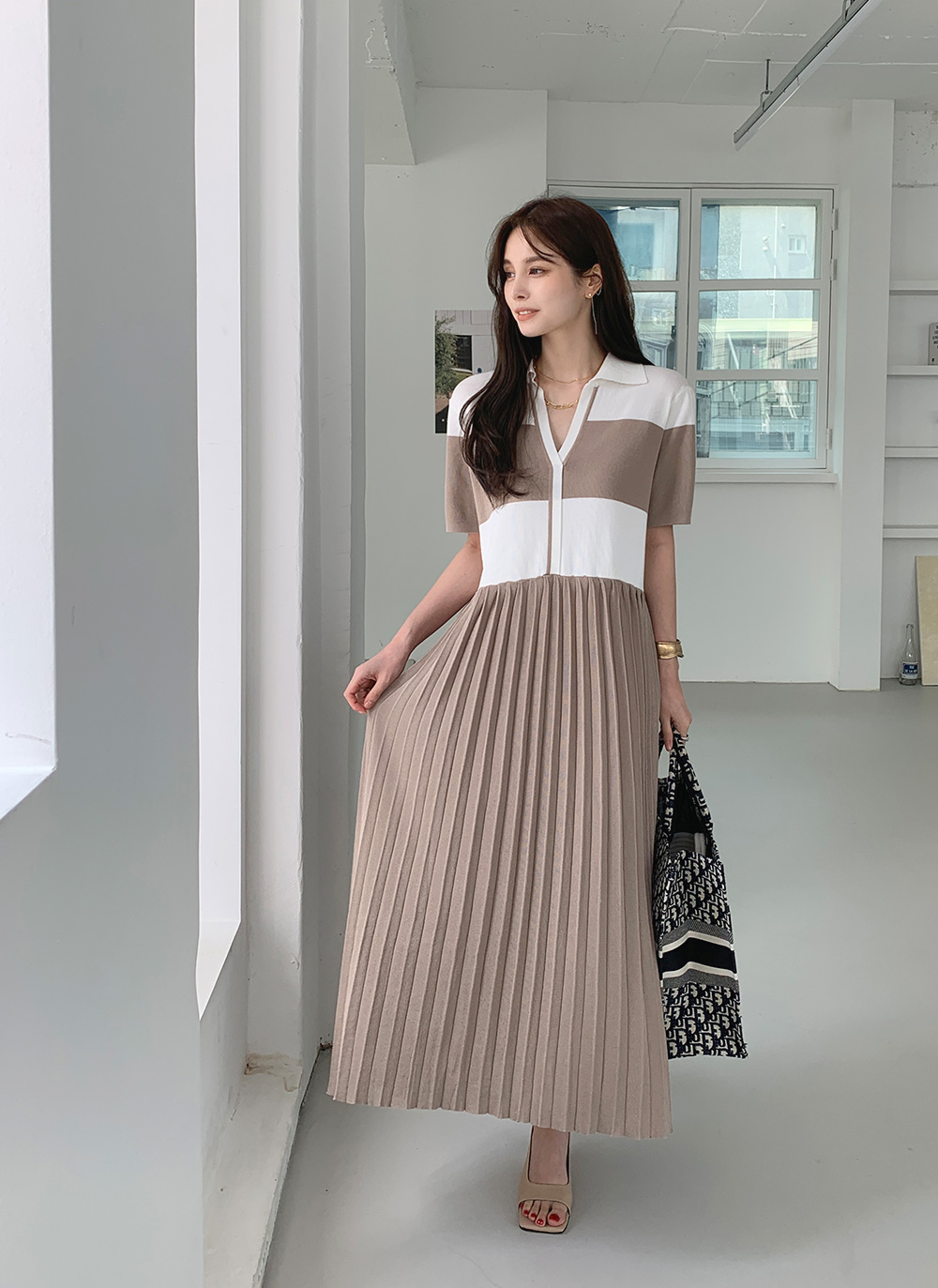 オープンカラーボーダーワンピース・全3色 | レディースファッション