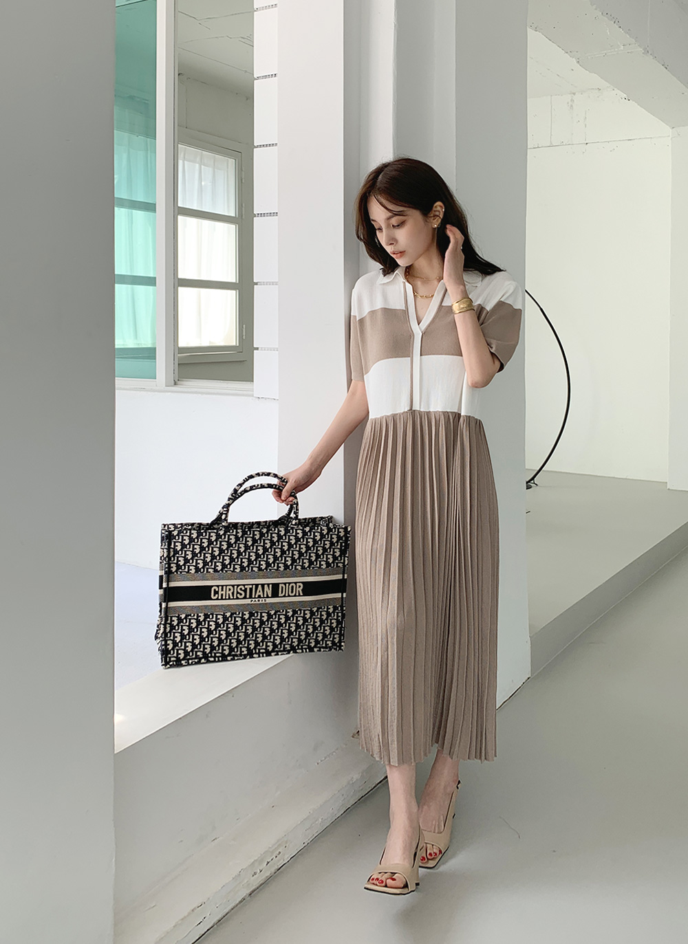 オープンカラーボーダーワンピース・全3色 | レディースファッション