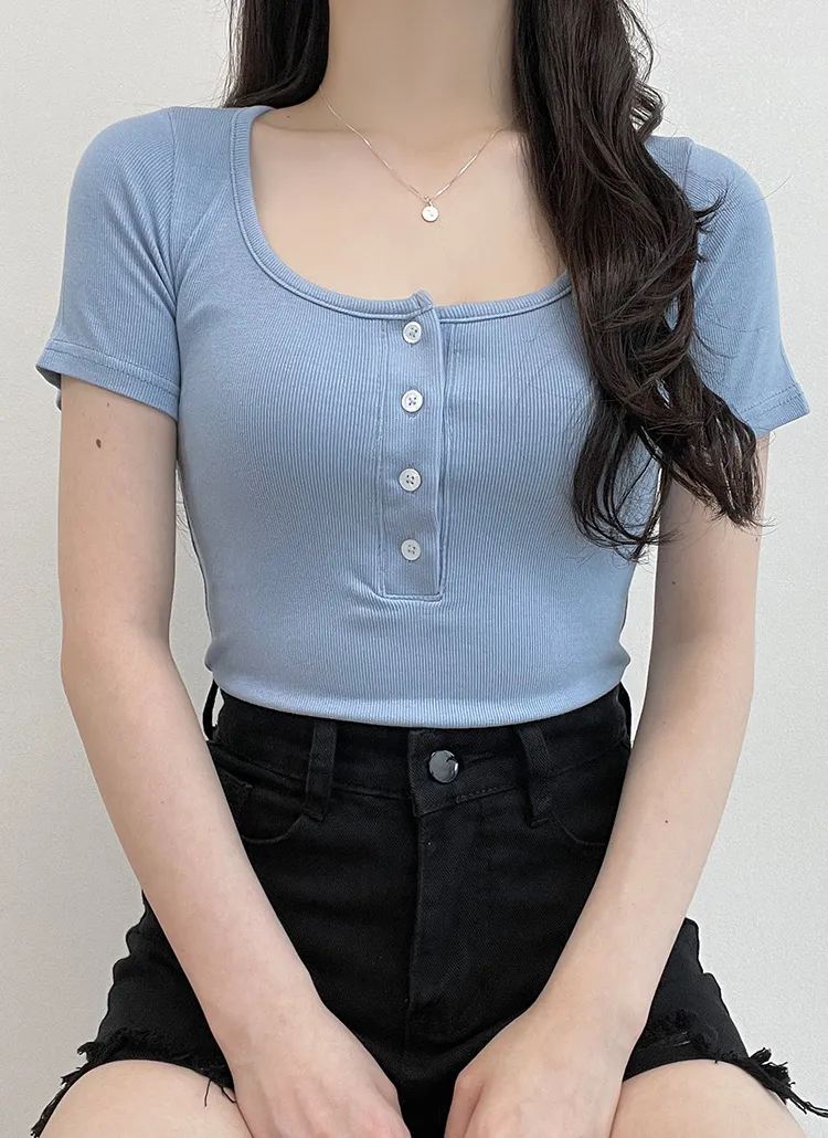 スクエアネックハーフボタン半袖Tシャツ | ddaygirl | 詳細画像1