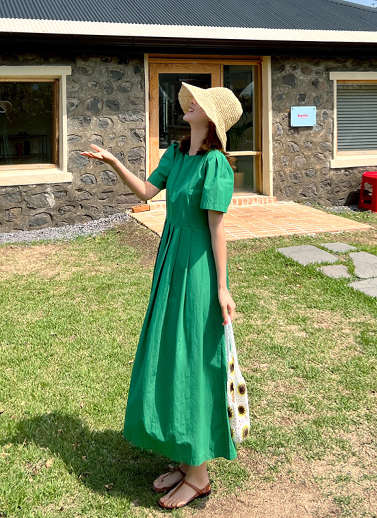 バックボタンプリーツヘムワンピースパフスリーブノーカラー春夏秋 ワンピース ロング Mayblue メイブルー ファッション総合通販 Dholic