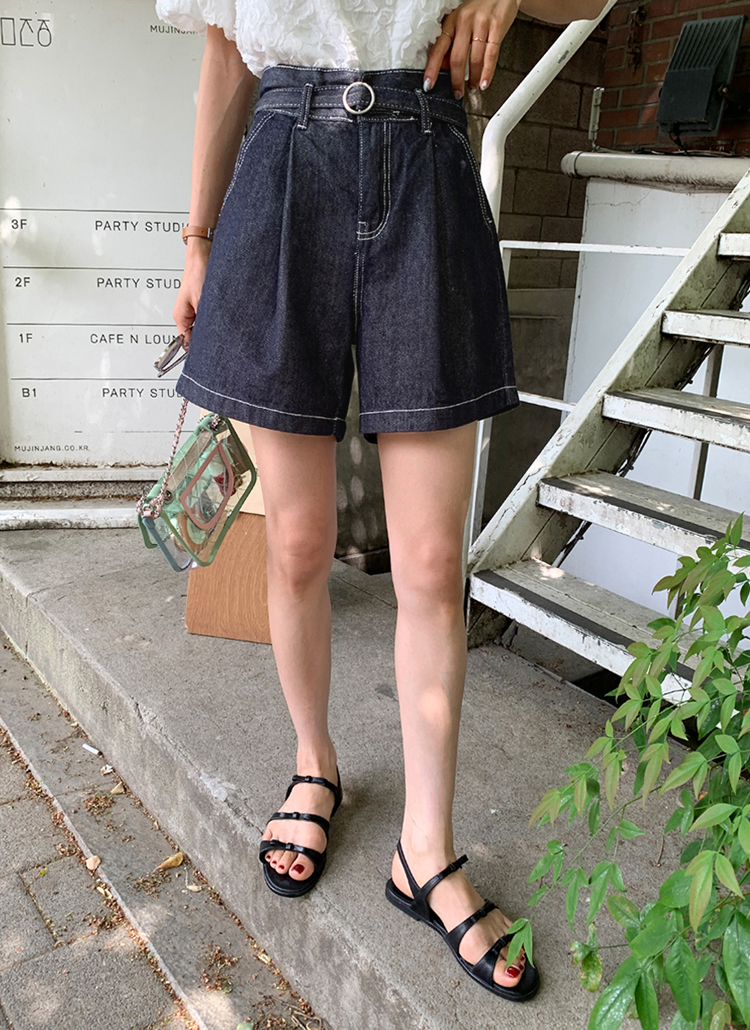 ベルト付ステッチショートデニムパンツ・全1色 | レディース