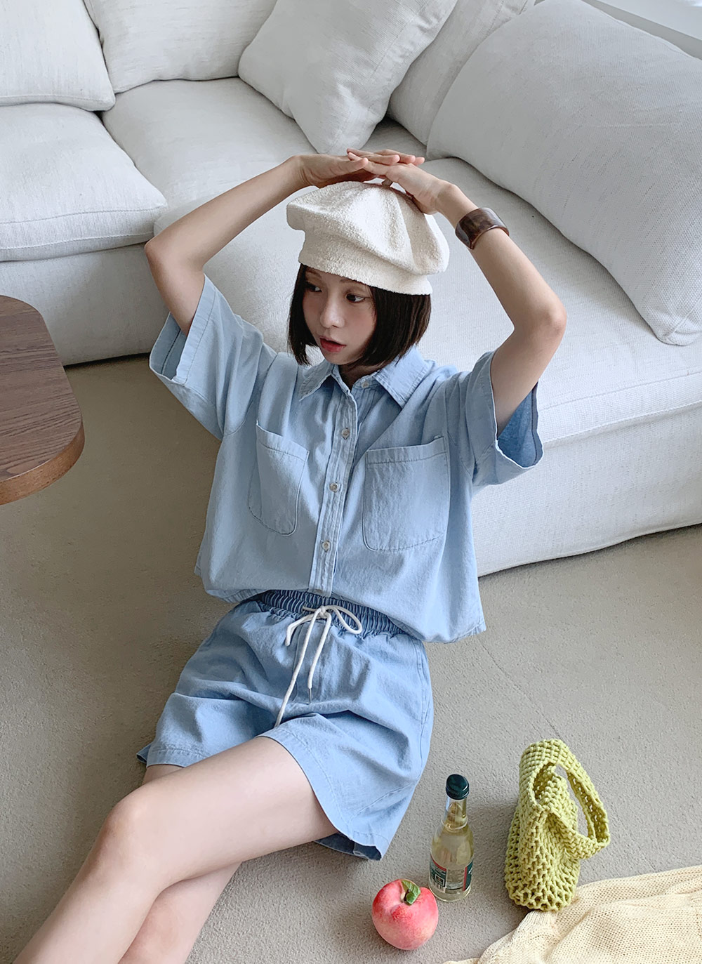 カラーポケットデニムシャツ&ストリングショートパンツ・全2色