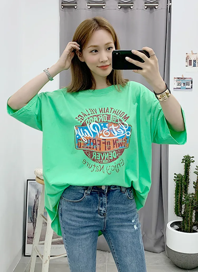 オーバーサイズグリーンレタリングTシャツ | レディースファッション 