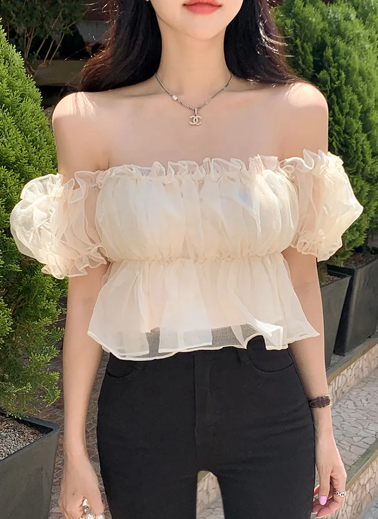 フリルギャザーオフショルブラウス Liliane カーキ 不可算な