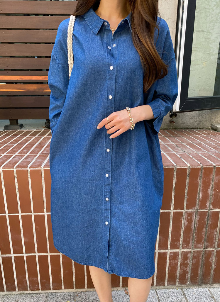 デニムワンピース プリーツデニムシャツワンピース 長袖|デニムワンピース専門通販 Denim-onepiece-labo バックプリーツデニムシャツワンピ
