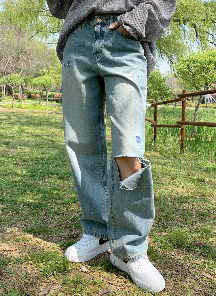 カットアウトダメージデニムパンツ | レディースファッション