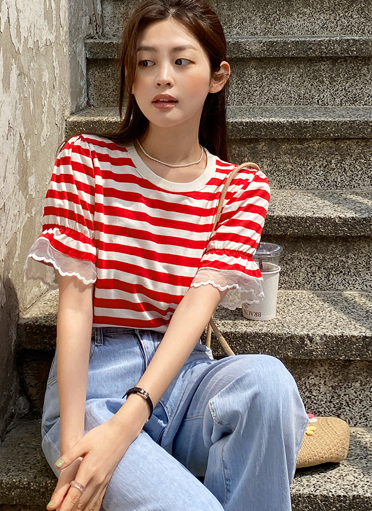 レーススリーブボーダーtシャツ 全3色 T トップス 半袖tシャツ レディースファッション通販 Dholic ディーホリック