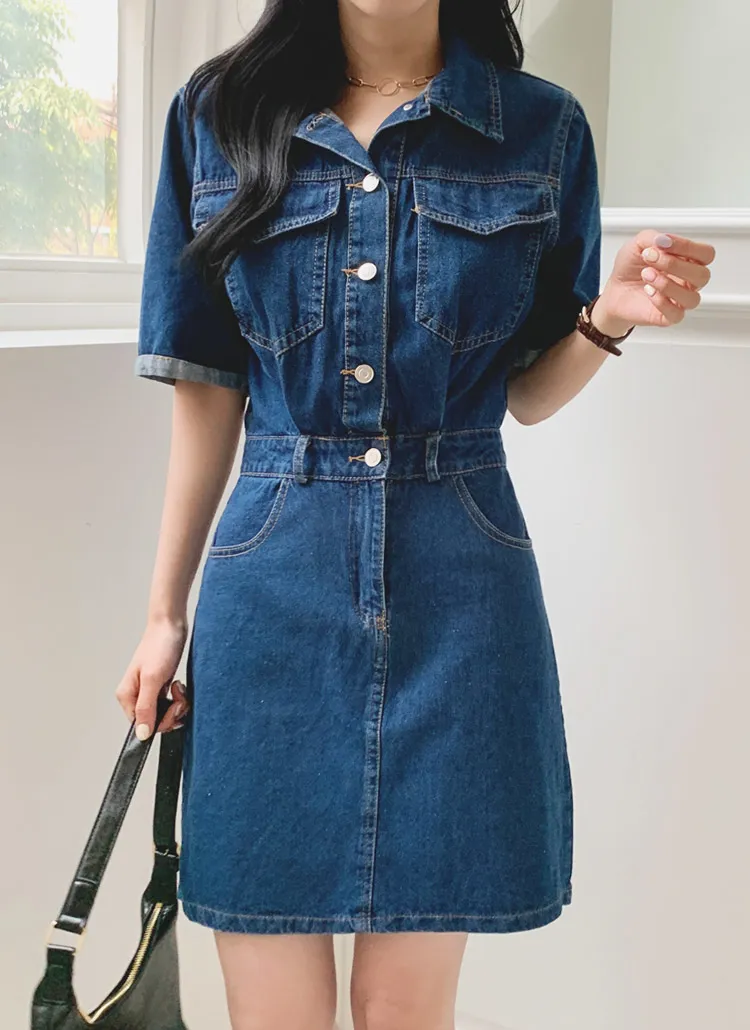 ベルト付ロールアップ半袖デニムワンピース | レディースファッション  
