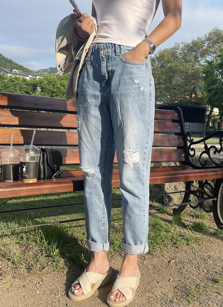 ダメージストレートデニムパンツ P ジーンズ ストレートジーンズ レディースファッション通販 Dholic ディーホリック