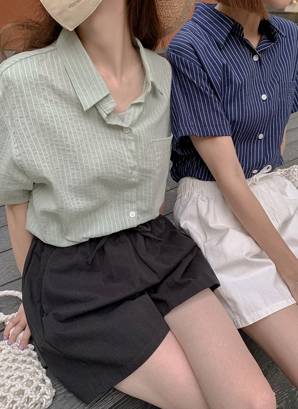 コットン混ストライプ半袖シャツ P3993 ブラウス シャツ レディースファッション通販 Dholic ディーホリック