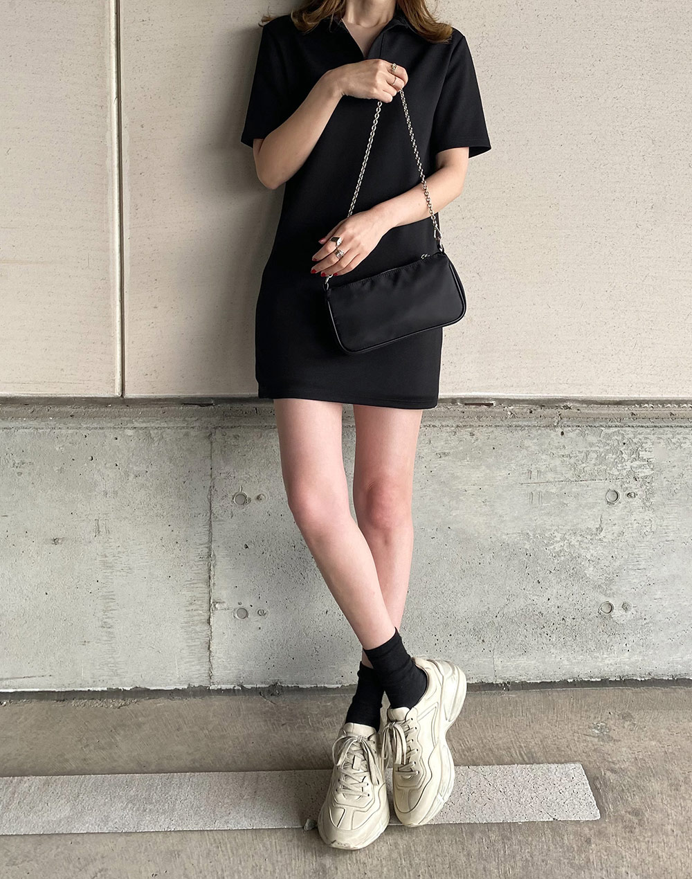 ノースリーブ 襟付き 上品 ミニ ワンピース ネイビー S~XL
