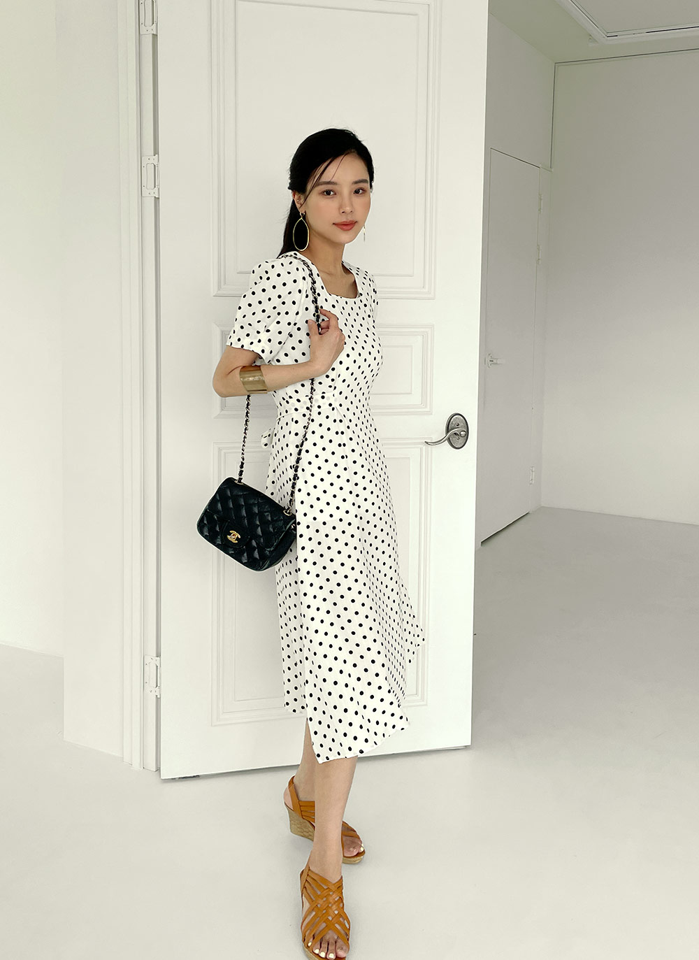 ELFSACK ワンピース ドット柄 スクエアネック シック レディース リアルスタイル REAL STYLE ロングワンピース レディース 半袖