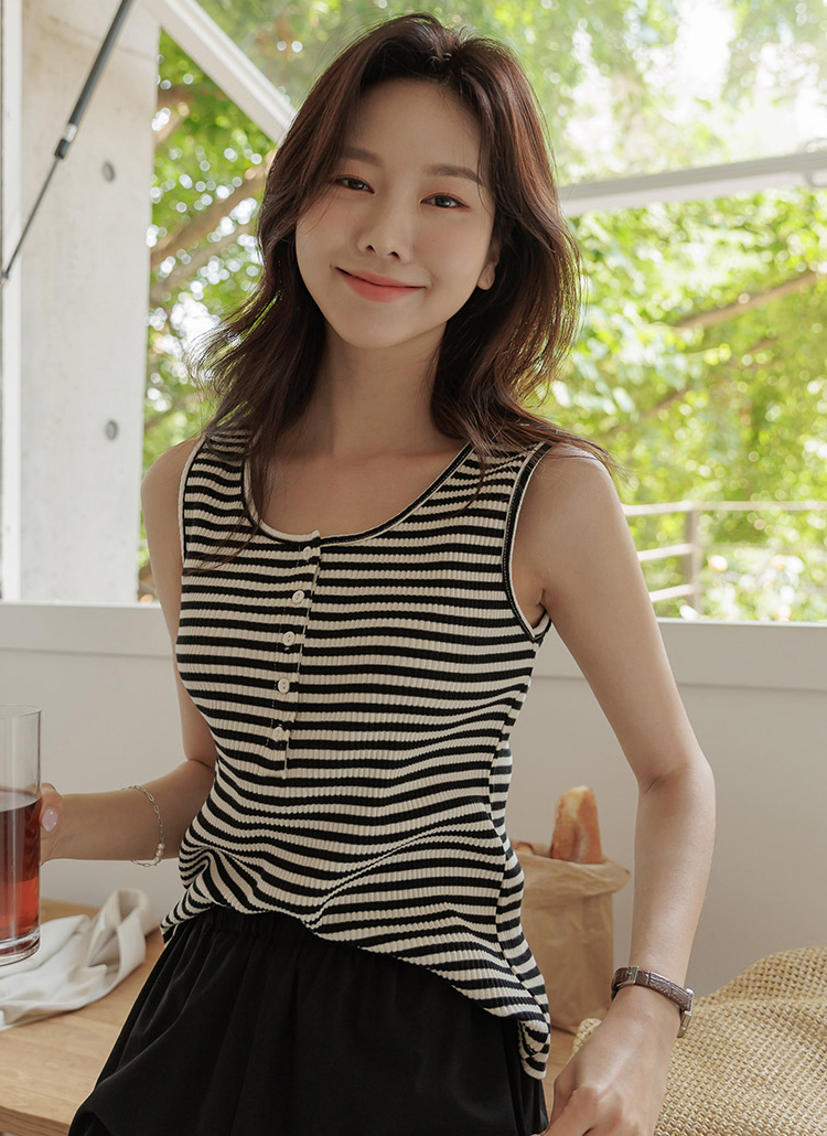 ハーフボタンボーダータンクトップ P3387 トップス ノースリーブ レディースファッション通販 Dholic ディーホリック