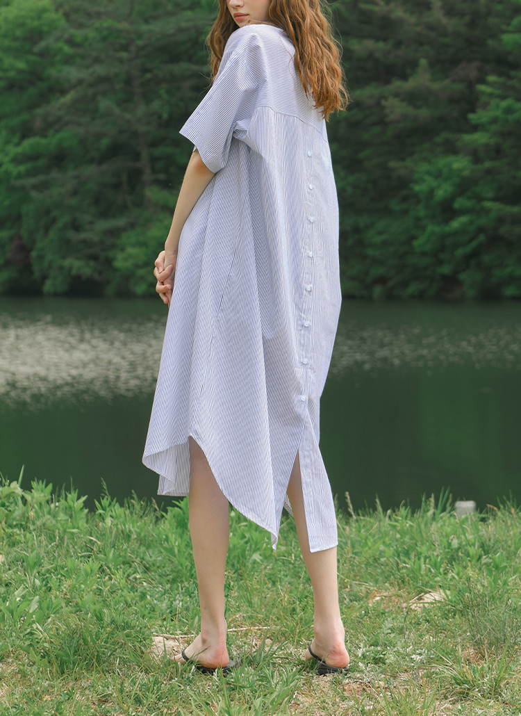 ストライプ半袖シャツワンピース P3493 ワンピース シャツワンピース レディースファッション通販 Dholic ディーホリック