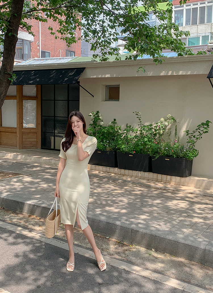 スクエアネックサイドスリットワンピース レディースファッション通販 Dholic