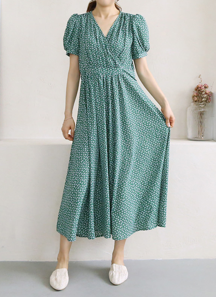 シュシュ付クロスネックパフフラワーワンピース レディースファッション通販 Dholic