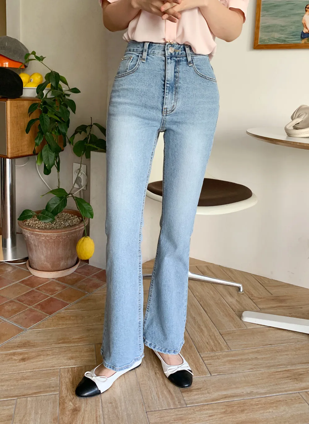 LUOLUOJUANJIE デニム フレア フリルレース 9分丈 ライトブルー  