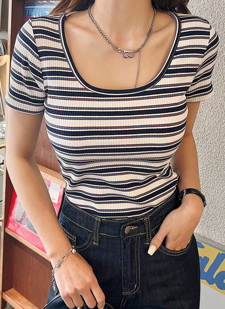 Uネックボーダースリムtシャツ P トップス 半袖tシャツ レディースファッション通販 Dholic ディーホリック
