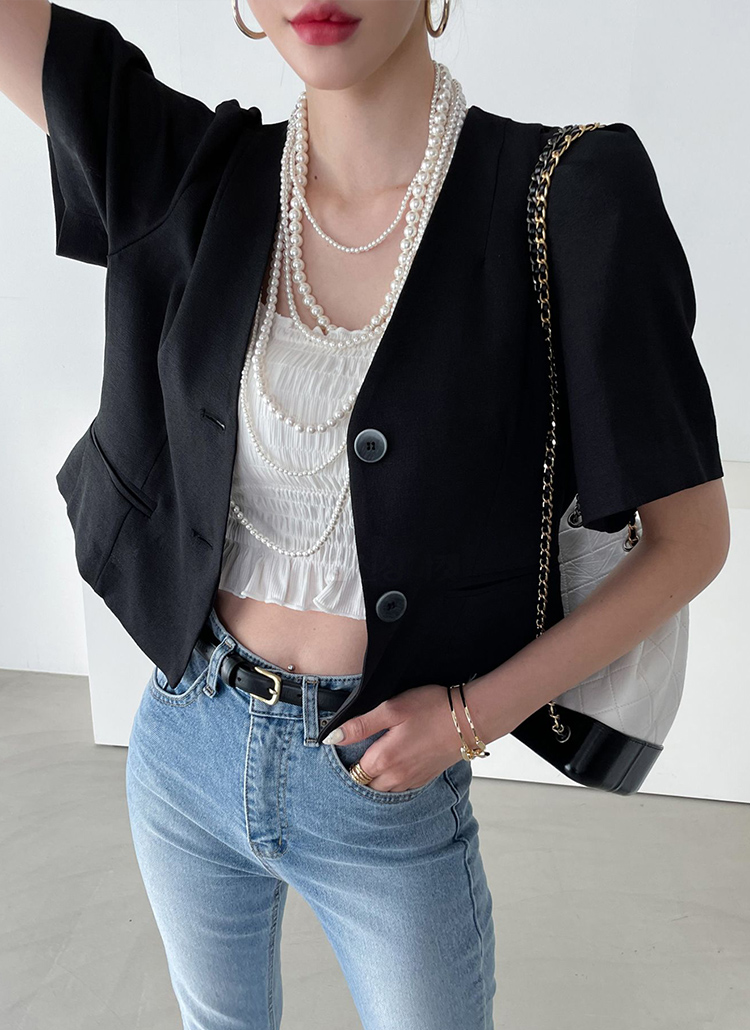 ノーカラークロップド半袖ジャケット P3678 アウター ジャケット レディースファッション通販 Dholic ディーホリック